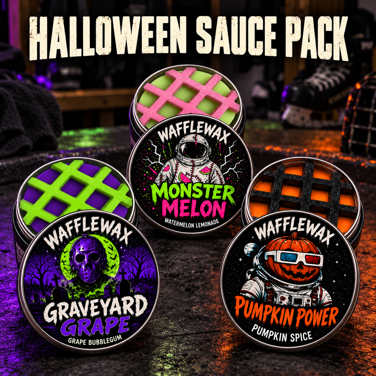 Halloween Sauce Pack with Graveyard Grape, Monster Melon, and Pumpkin Power hockey wax tins.