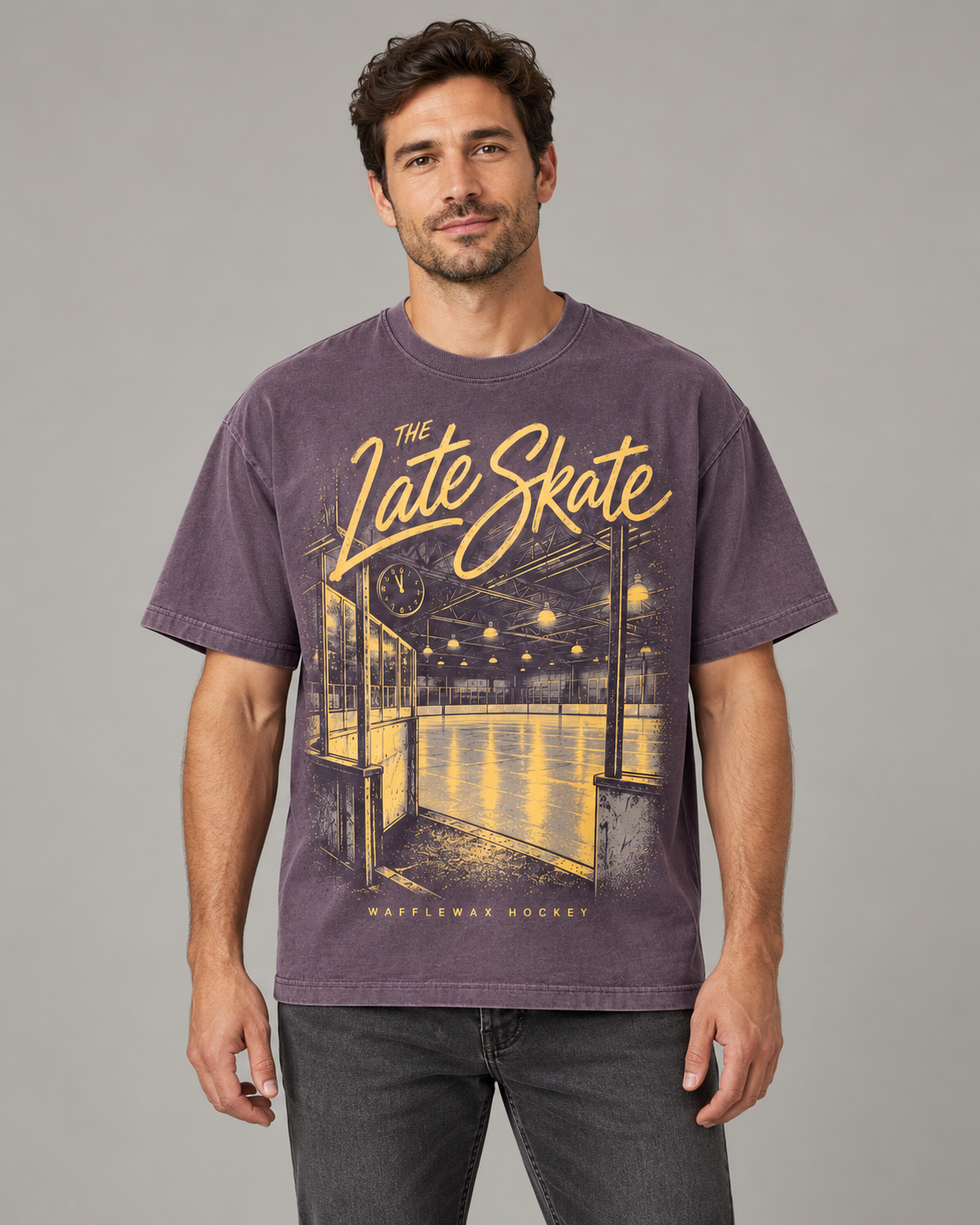 AI-generated front-view mockup of an adult man wearing the faded grape Late Skate Tee with warm yellow rink artwork.