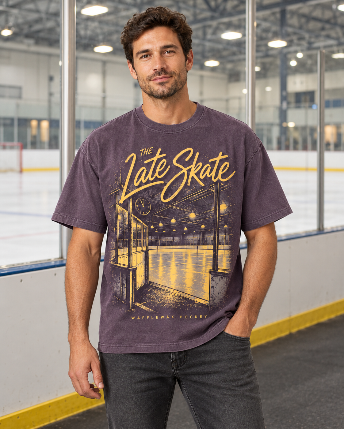 AI-generated mockup of an adult man wearing the WaffleWax Late Skate Tee in faded grape beside an ice rink.